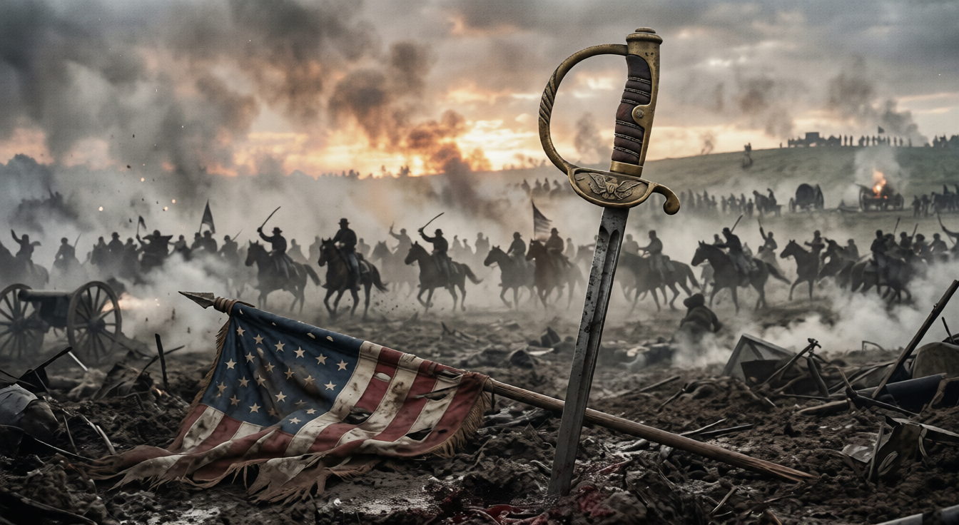 Famous Civil War sword models including Model 1860 Union cavalry officer saber and Model 1840 cavalry saber with scabbards.