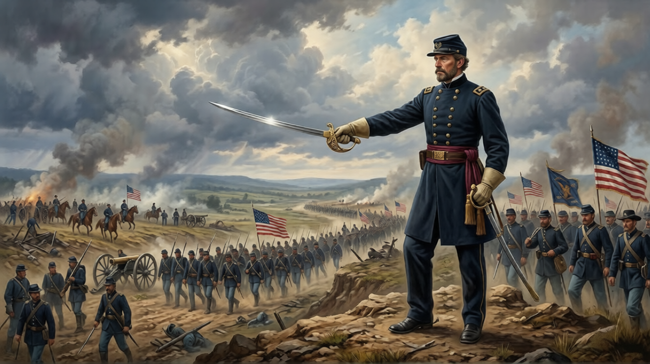 Authentic Civil War cavalry swords and sabers displayed on a wooden table with military cap and American flag.