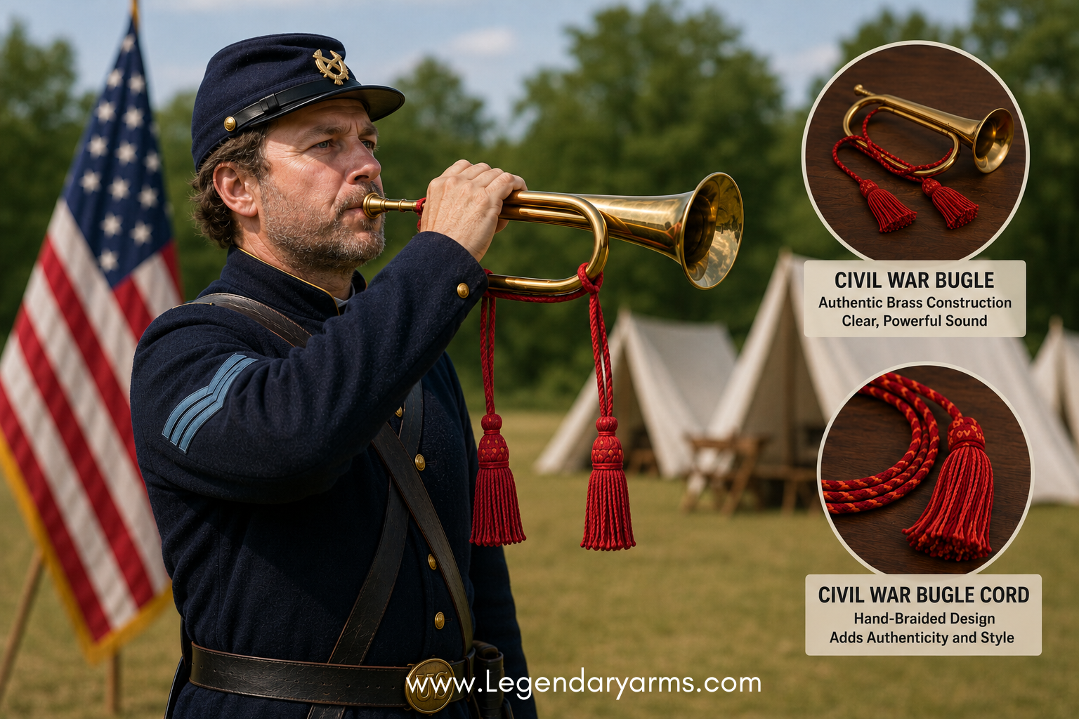 Authentic Civil War brass bugle with red bugle cord held by a Union bugler in a historically accurate Civil War camp.