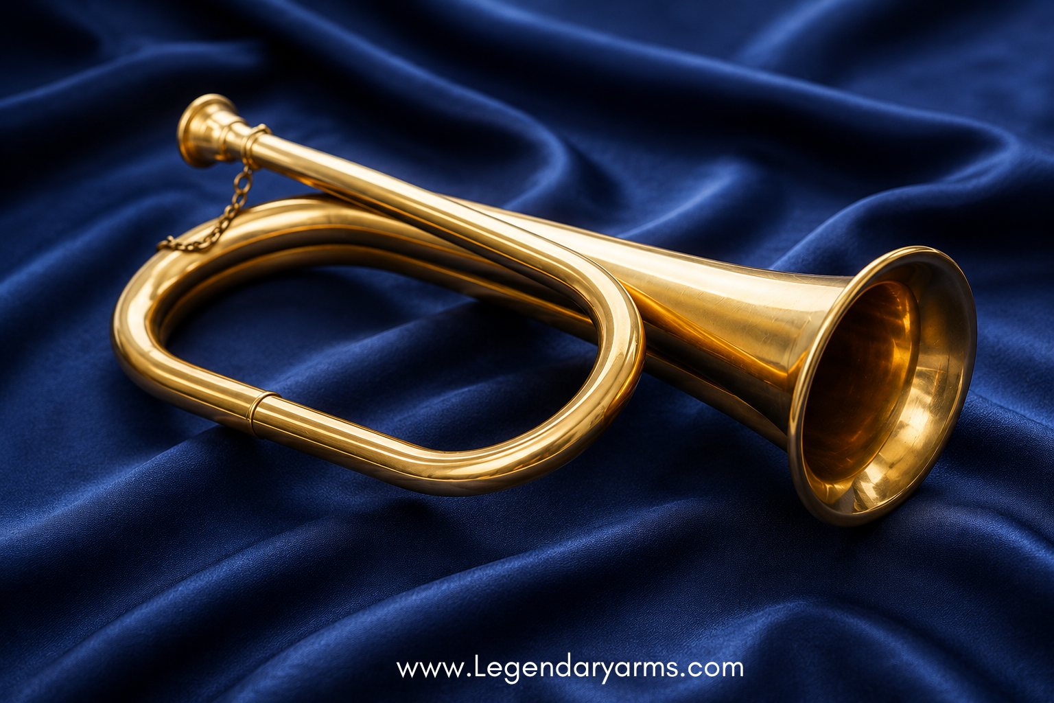 Authentic Civil War brass bugle with polished finish displayed on a wooden surface.