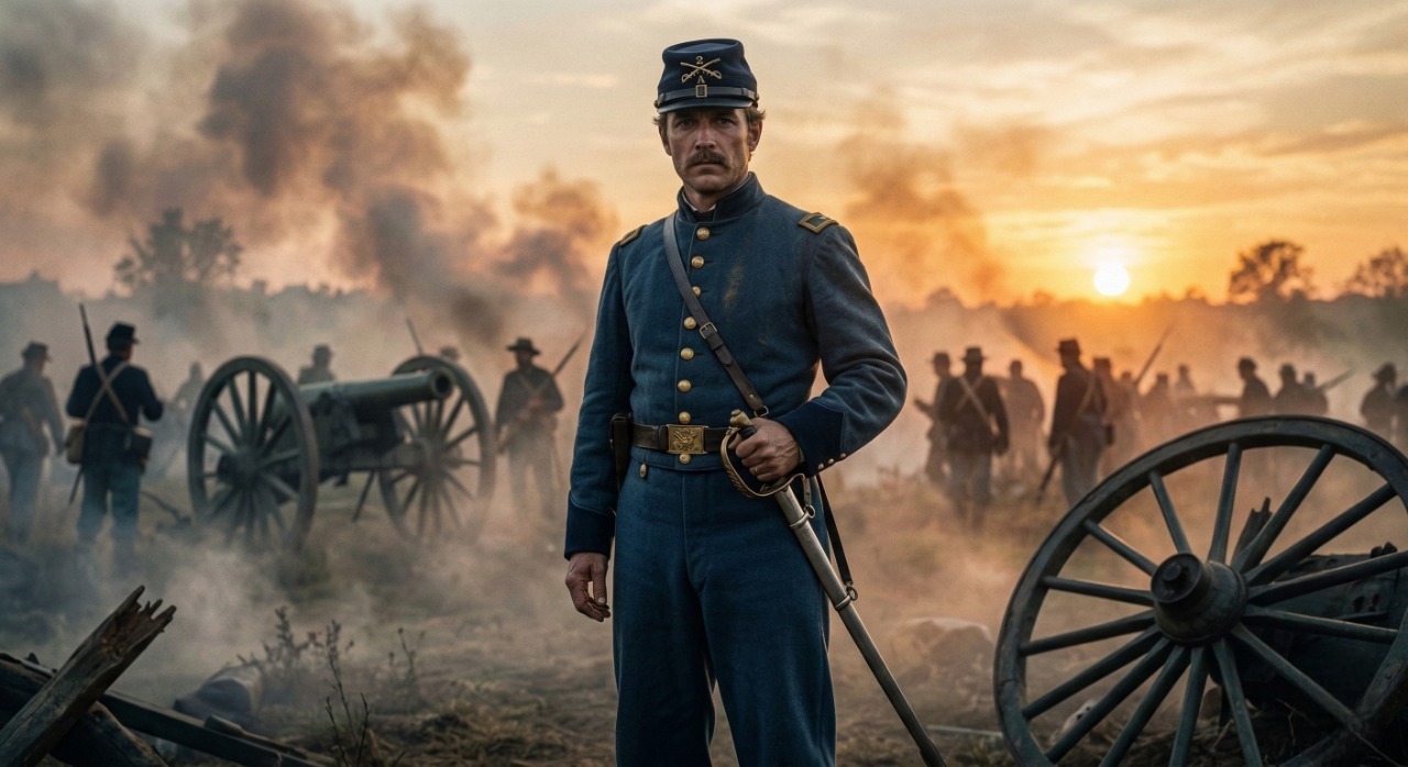 Authentic Civil War cavalry swords and sabers displayed on a wooden table with scabbards, military cap, and American flag in historical setting