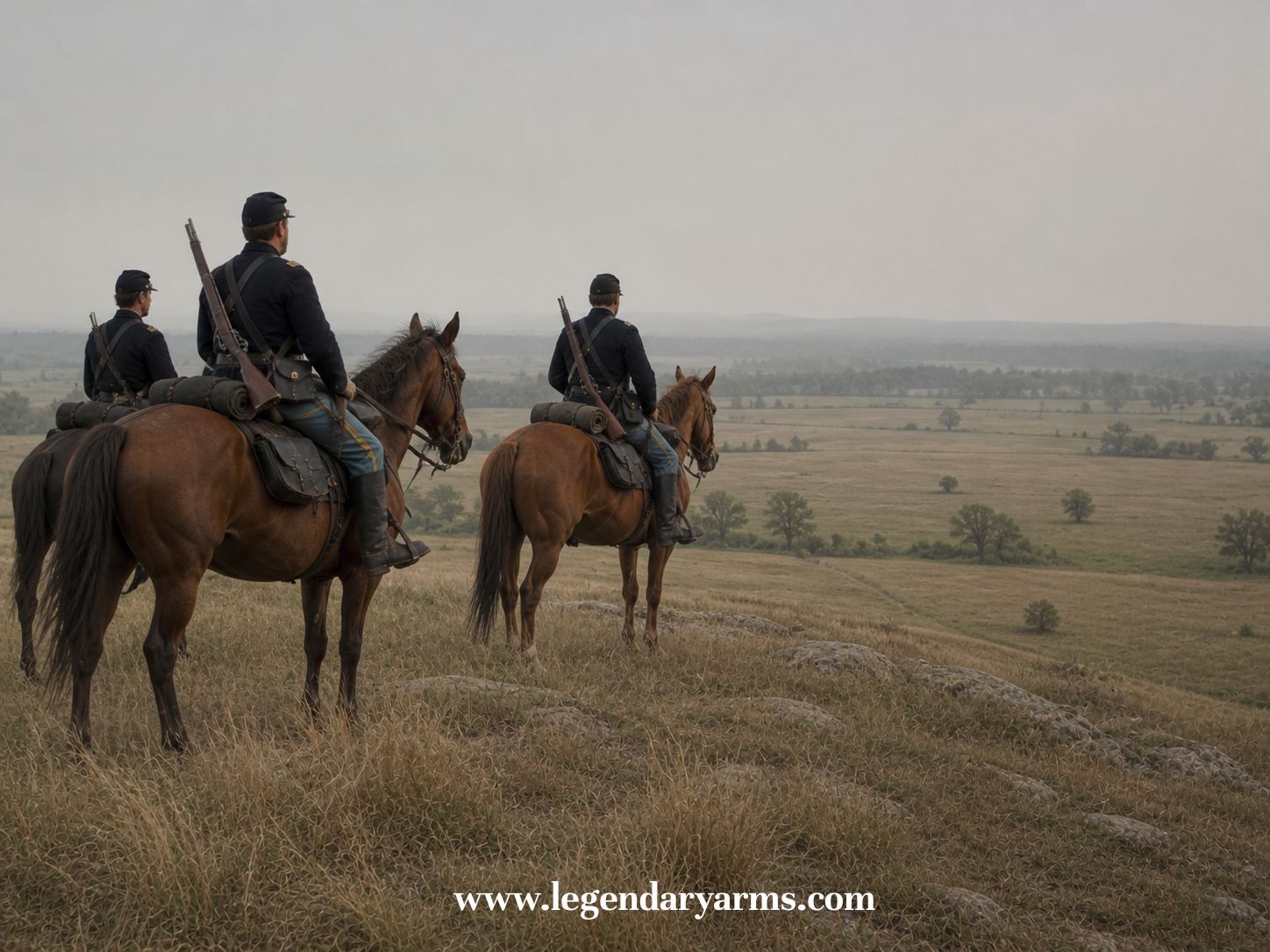 American Civil War cavalry soldiers fighting dismounted with carbines beside their horses, showing adaptive battle tactics