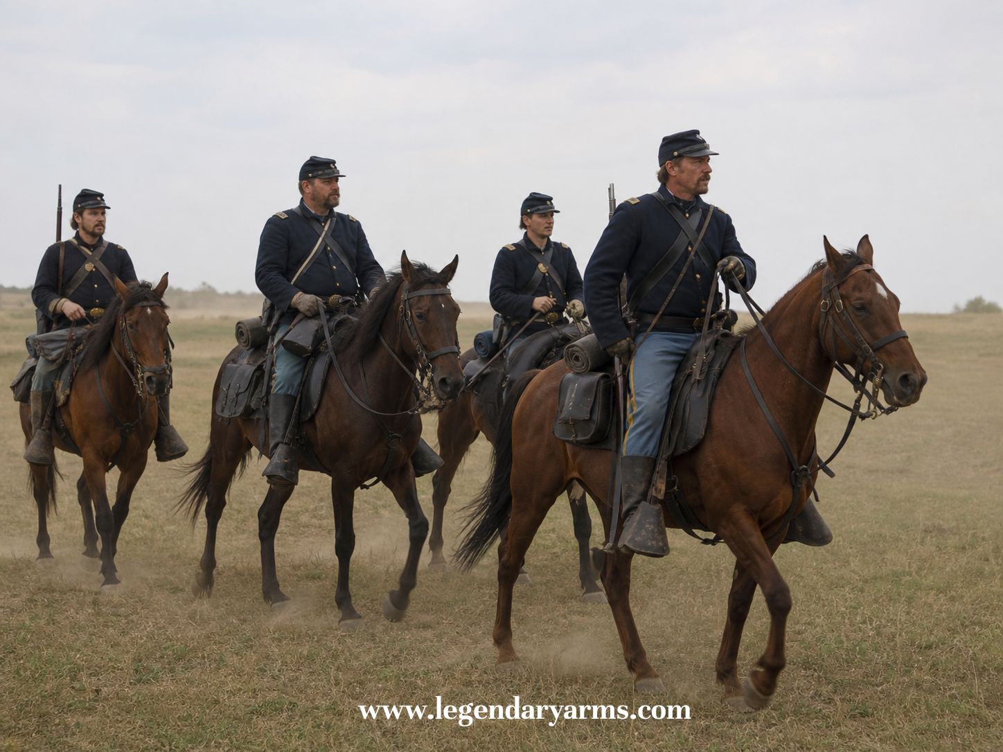 American Civil War cavalry soldiers riding across an open field with sabers and carbines, demonstrating mobility and battlefield tactics