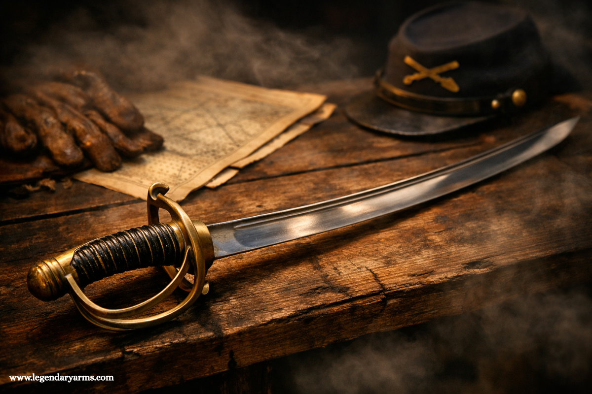 A dramatic, cinematic banner image of a Civil War cavalry sword (Model 1860 cavalry saber) placed diagonally across a weathered wooden table. The blade is slightly curved, polished steel catching soft golden light, with a detailed brass guard and leather grip. Surround the sword with subtle historical elements such as an old Civil War-era map, worn leather gloves, and a cavalry hat in the blurred background. Add faint battlefield atmosphere with light smoke or mist to create depth. Warm, moody lighting with high contrast, ultra-realistic, 4K detail, professional historical photography style, shallow depth of field, centered composition with space for text overlay on one side.